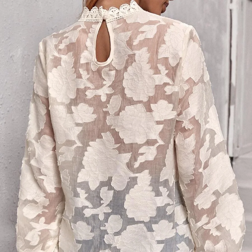 Bohemian Blue Floral Sheer Top Work Frill Neck Embroidered - Picture 4 of 8